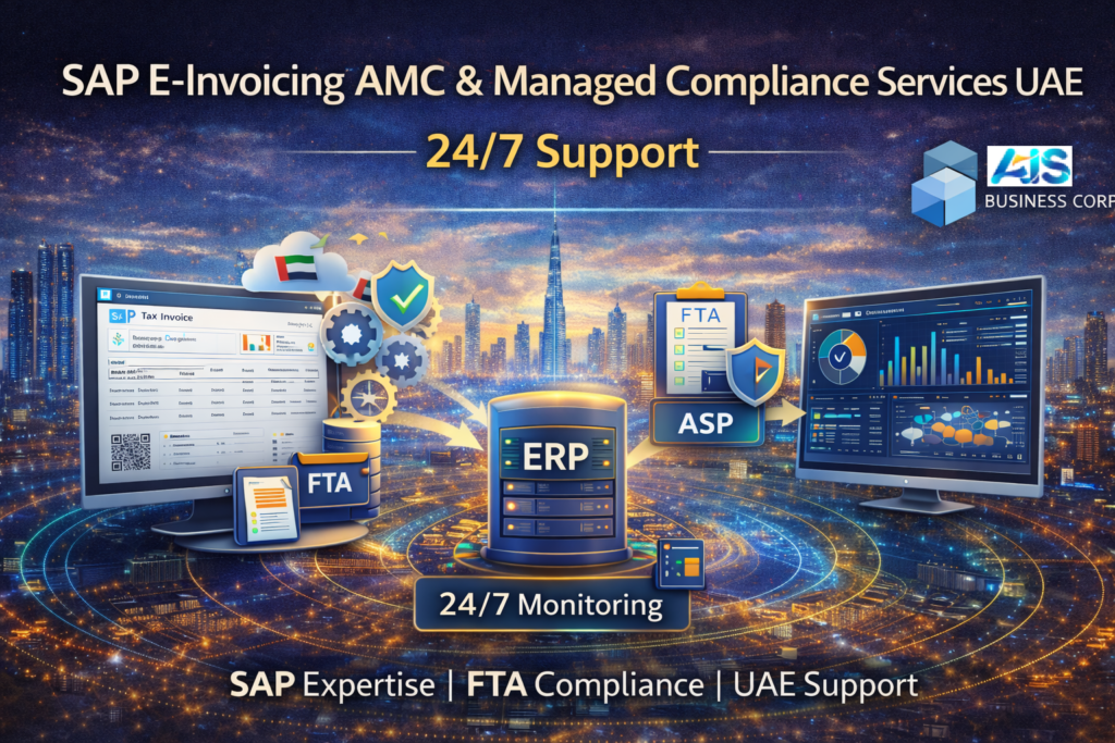 SAP E-Invoicing AMC and Managed Compliance Services UAE banner featuring 24/7 support, ERP server, SAP tax invoice screen, FTA compliance dashboard, real-time analytics monitors, and Dubai skyline background with AIS Business Corp branding.