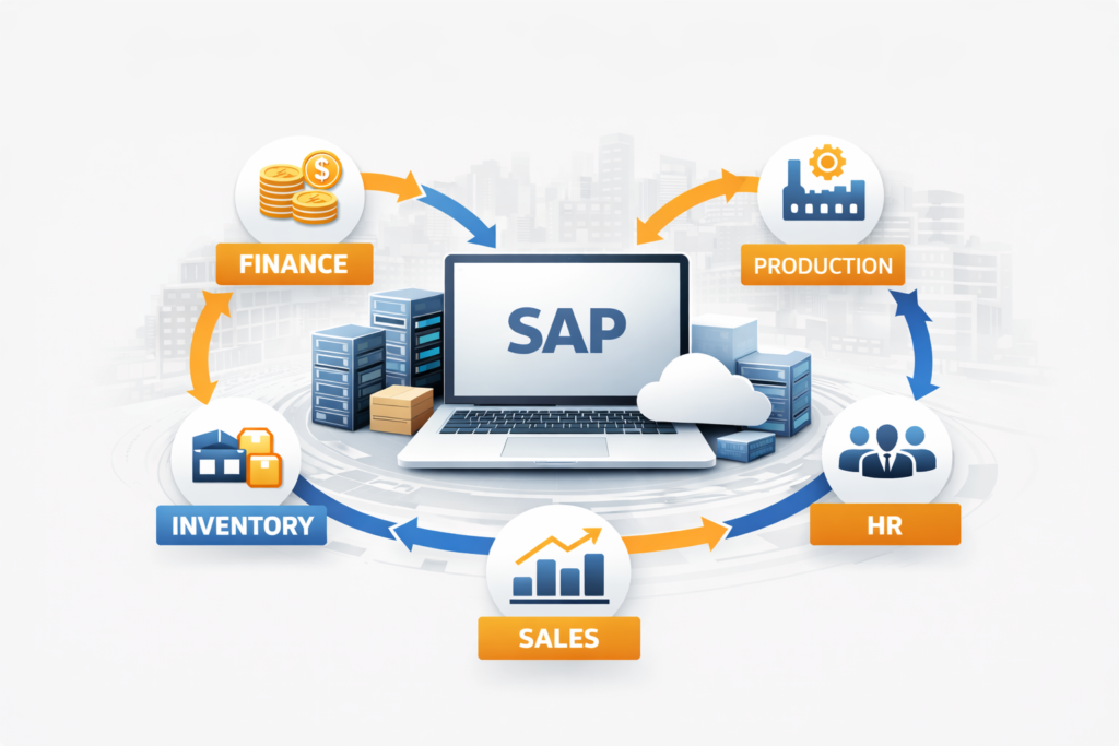 SAP ERP software on a laptop connected to finance, inventory, production, HR, and sales icons, representing automated business operations, cloud integration, and enterprise process management.