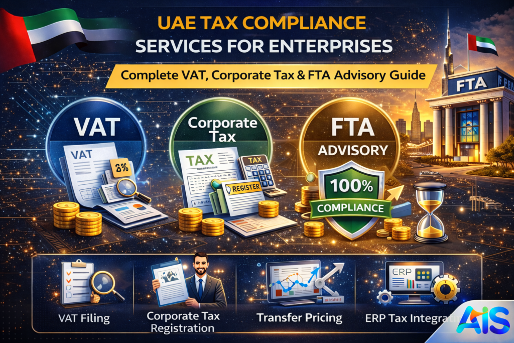 UAE Tax Compliance Services for Enterprises infographic highlighting VAT filing, Corporate Tax registration, FTA advisory support, transfer pricing, and ERP tax integration in Dubai.