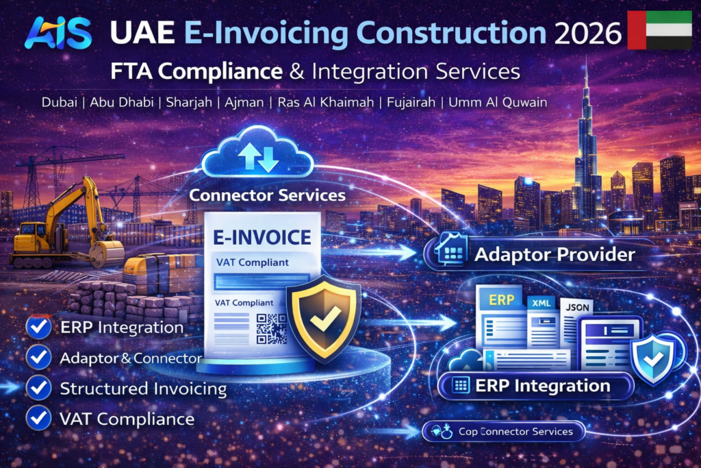 UAE E-Invoicing Construction 2026 banner showing FTA compliance, ERP integration, adaptor and connector services for construction companies across Dubai, Abu Dhabi and UAE Freezones