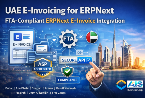 UAE ERPNext e-invoicing solutions banner with FTA compliance, ASP integration and secure API connectivity