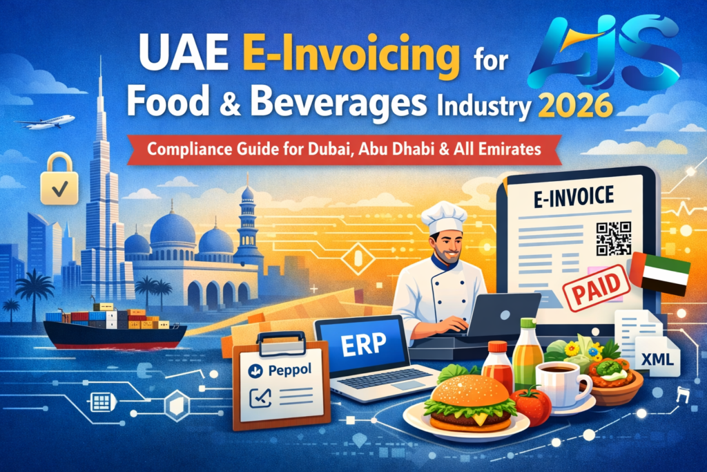 UAE e-invoicing for food and beverages industry 2026 infographic with AIS logo showing Dubai skyline, ERP integration, Peppol model, XML invoice and F&B compliance