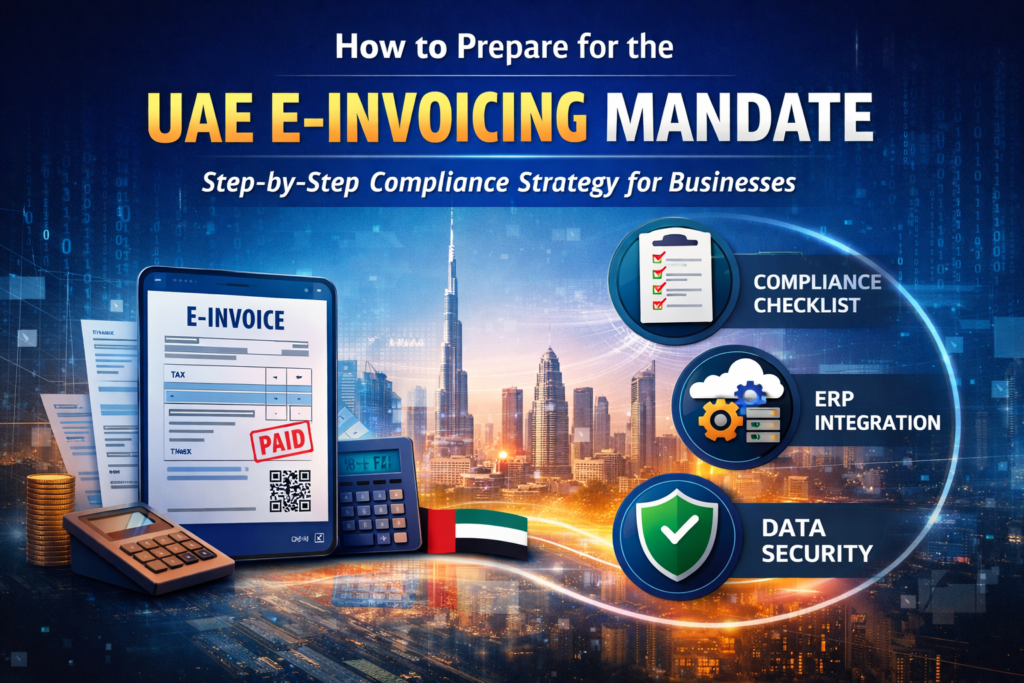 UAE E-Invoicing Mandate 2026 digital compliance concept with e-invoice on tablet, ERP integration, compliance checklist and data security icons over Dubai skyline