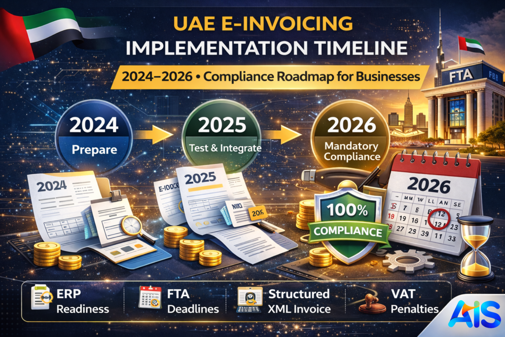 UAE E-Invoicing Implementation Timeline 2024–2026 infographic showing Prepare (2024), Test & Integrate (2025), and Mandatory Compliance (2026) phases with ERP readiness, FTA deadlines, VAT penalties.