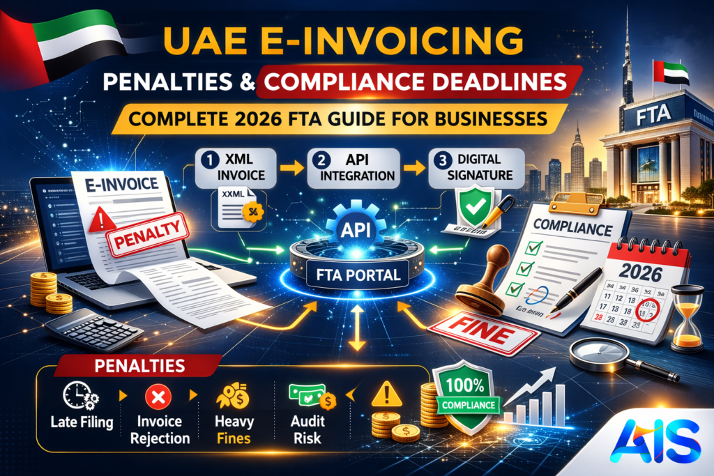 UAE E-Invoicing Penalties & Compliance Deadlines 2026 FTA guide banner with AIS branding, highlighting fines, structured invoice rules, and business compliance requirements.