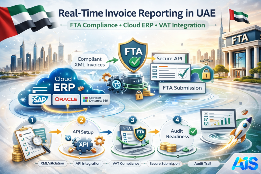 Real-Time Invoice Reporting in UAE 2026 infographic showing FTA compliance process, Cloud ERP integration, VAT validation, API setup, secure XML submission, and AIS branding