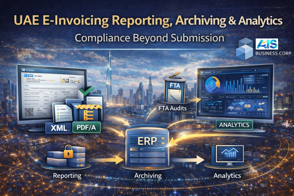 UAE e-invoicing compliance extends beyond submission, covering ERP-based reporting, secure archiving, and real-time analytics aligned with FTA requirements.