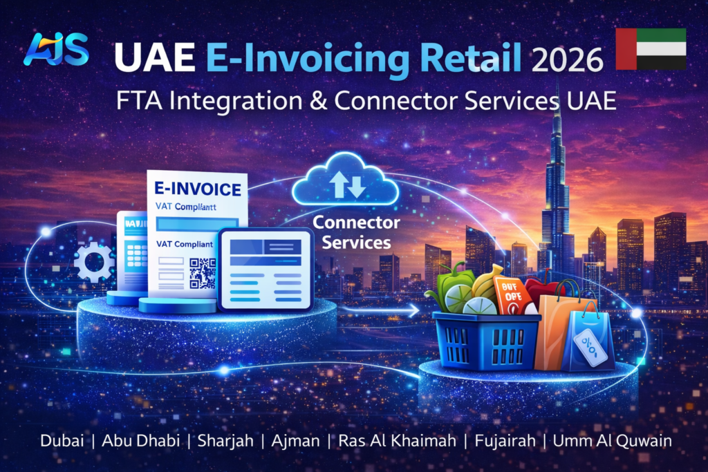 UAE E-Invoicing Retail 2026 highlighting FTA-compliant implementation, integration, adaptor and connector services for retailers across Dubai, Abu Dhabi, Sharjah and UAE Freezones, with retail shopping icons and digital invoice elements over a Dubai skyline background.