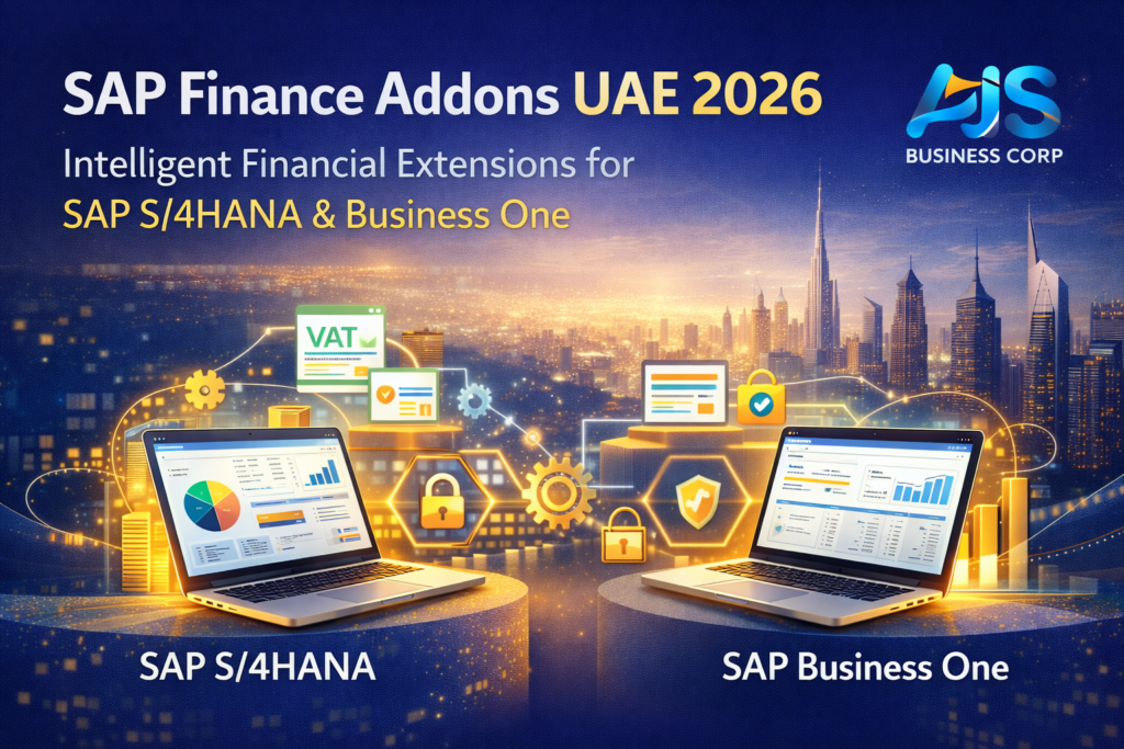 Infographic of key SAP finance addons in UAE including VAT, e-invoicing, reporting, and consolidation
