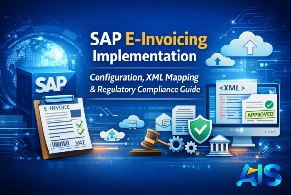 SAP e-invoicing implementation showing configuration, XML mapping, regulatory compliance workflow and AIS Business Corp branding.