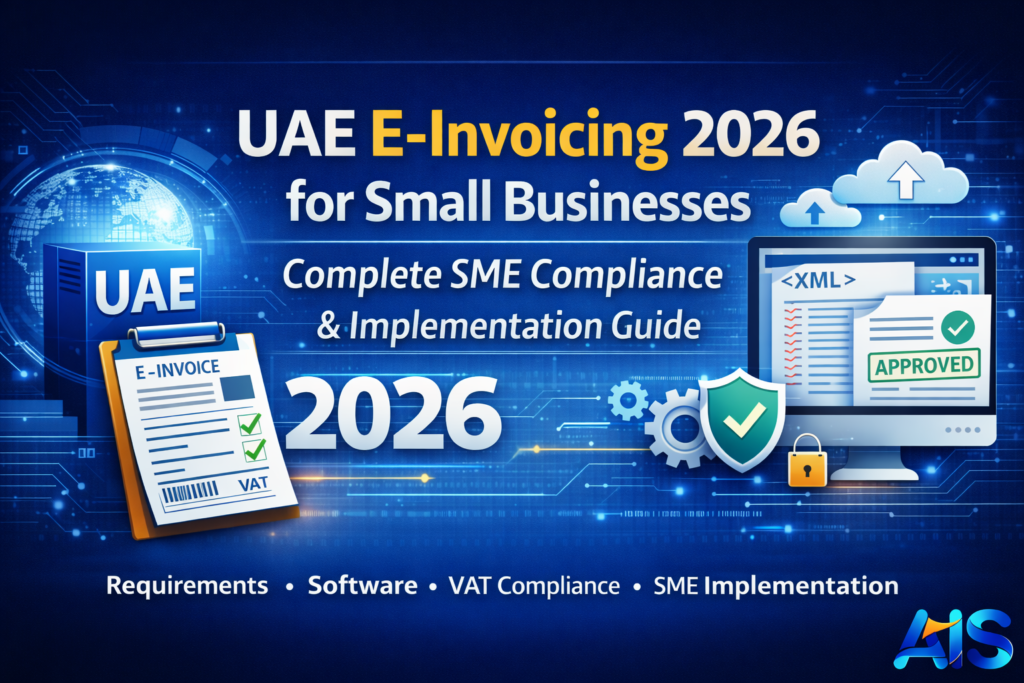 UAE E-Invoicing 2026 for Small Businesses featured banner showing SME compliance, VAT, XML invoice and implementation guide