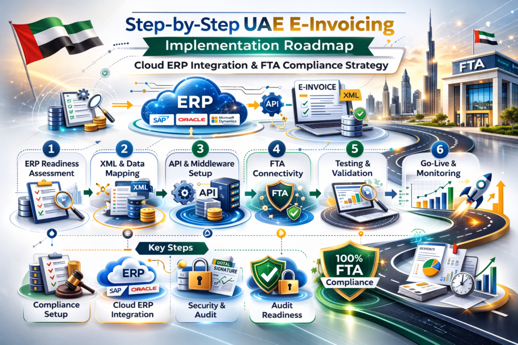 UAE E-Invoicing 2026 roadmap banner showing ERP assessment, XML/API integration, FTA submission, testing, go-live stages