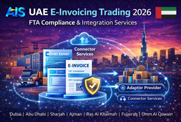 UAE E-Invoicing Trading 2026 featured banner showing FTA compliance, integration, adaptor and connector services across Dubai, Abu Dhabi and UAE Freezones