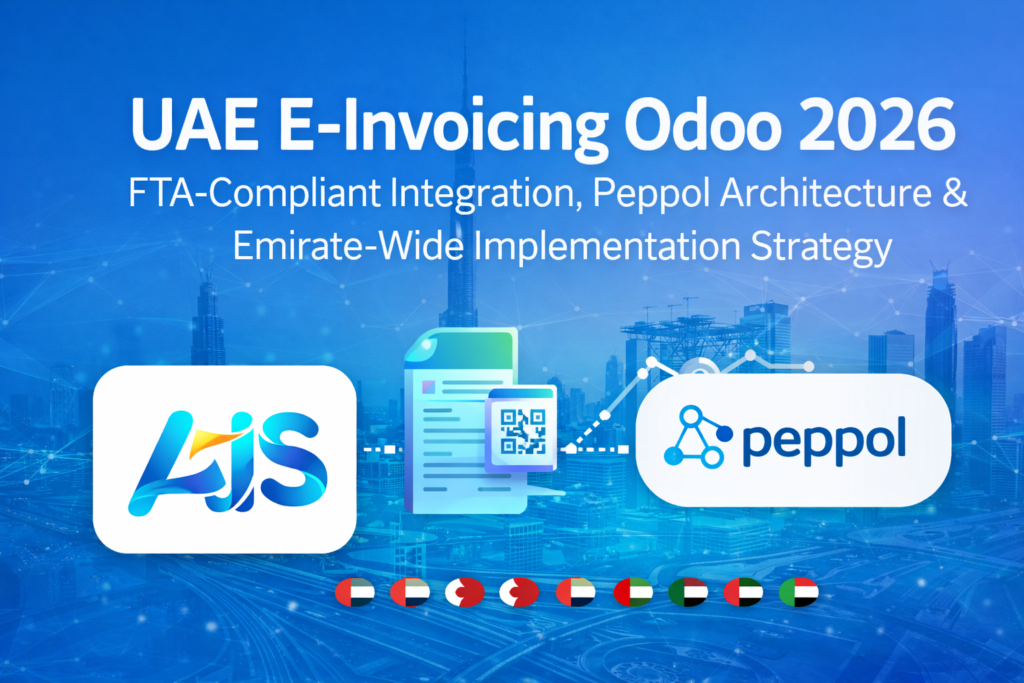 UAE E-Invoicing Odoo 2026 banner featuring AIS logo, FTA-compliant integration, Peppol architecture, and emirate-wide implementation strategy across UAE
