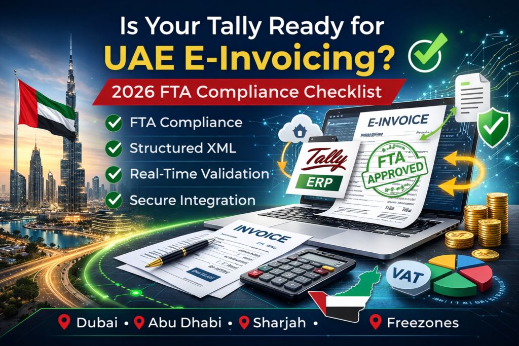 Is Your Tally Ready for UAE E-Invoicing 2026 - FTA compliance checklist infographic with UAE skyline, Tally ERP screen, structured XML, VAT validation.