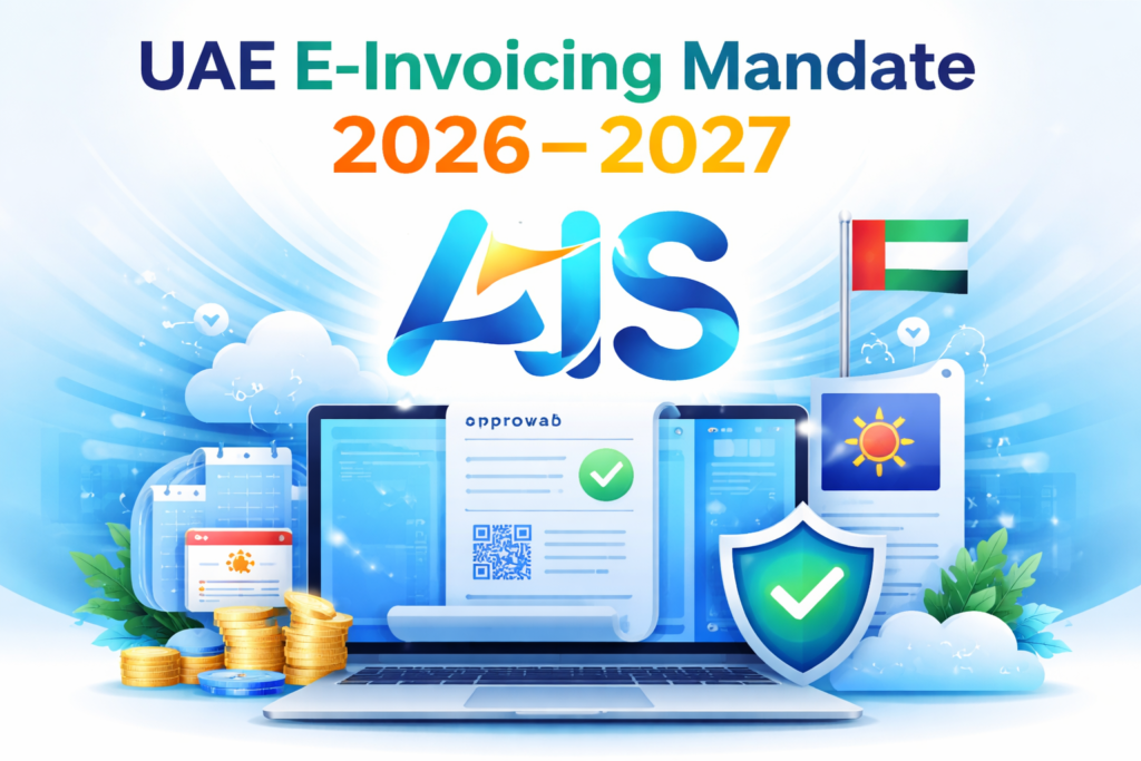 UAE E-Invoicing Mandate 2026–2027 illustration with AIS logo, PEPPOL-based digital invoice approval, ERP integration, VAT compliance and secure FTA validation in the United Arab Emirates
