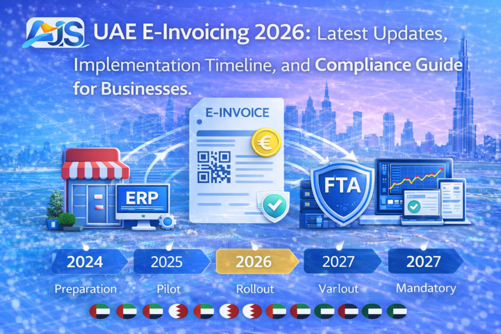 UAE e-invoicing 2026 infographic with AIS logo showing implementation timeline, ERP integration, digital invoice processing, and FTA compliance for businesses in the UAE.