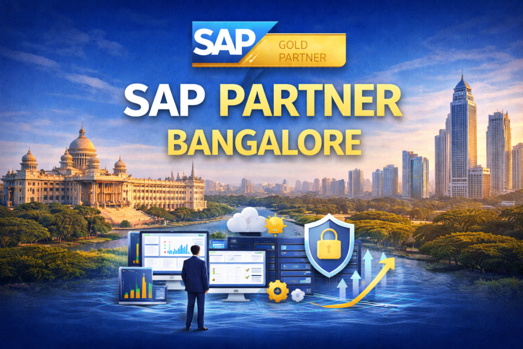 SAP Gold Partner in Bangalore illustration showing the Bangalore city skyline with Vidhana Soudha, business analytics dashboards, cloud servers, cybersecurity shield, and growth arrows representing SAP Business One solutions, digital transformation, and enterprise data management for businesses in Bangalore.