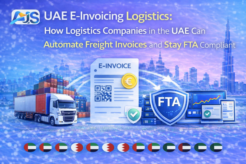 UAE e-invoicing logistics solution showing automated freight invoice, ERP integration, and FTA compliance for logistics companies in Dubai, Abu Dhabi, and UAE free zones by AIS.