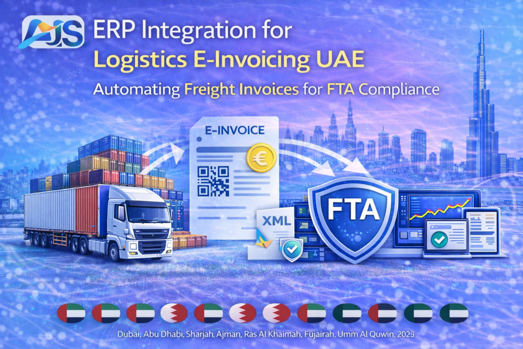 ERP Integration for Logistics E-Invoicing UAE – Automating freight invoices for FTA compliance with AIS e-invoicing solution for logistics companies in Dubai, Abu Dhabi, Sharjah, Ajman, Ras Al Khaimah, Fujairah, Umm Al Quwain and UAE Free Zones.