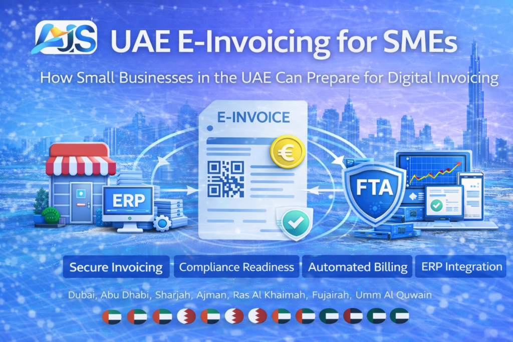 UAE e-invoicing for SMEs infographic showing AIS logo, ERP integration, secure digital invoice with QR code, and FTA compliance process for small businesses in the UAE.