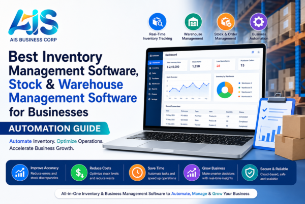 Best inventory management software, stock and warehouse management software for businesses by AIS Business Corp showing automation, real-time tracking and business dashboard