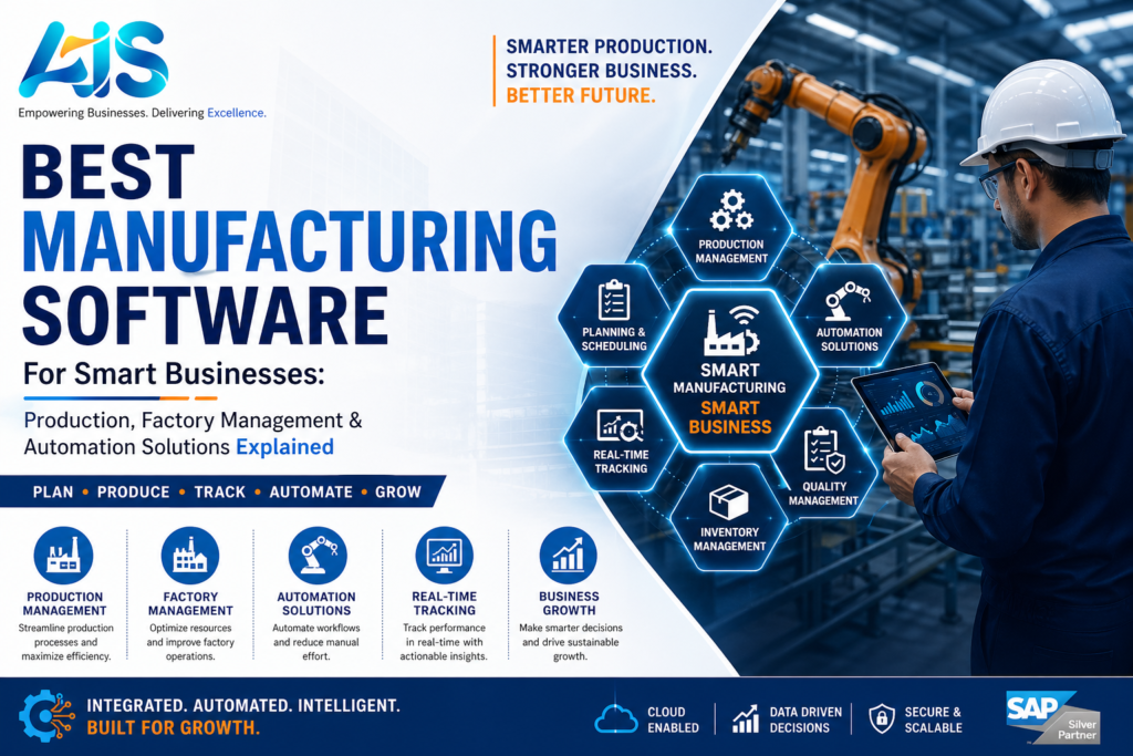 Best manufacturing software for smart businesses by AIS Business Corp showing production management, factory management and business automation dashboard