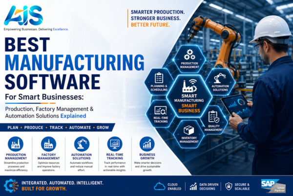 Best manufacturing software for smart businesses by AIS Business Corp showing production management, factory management and business automation dashboard