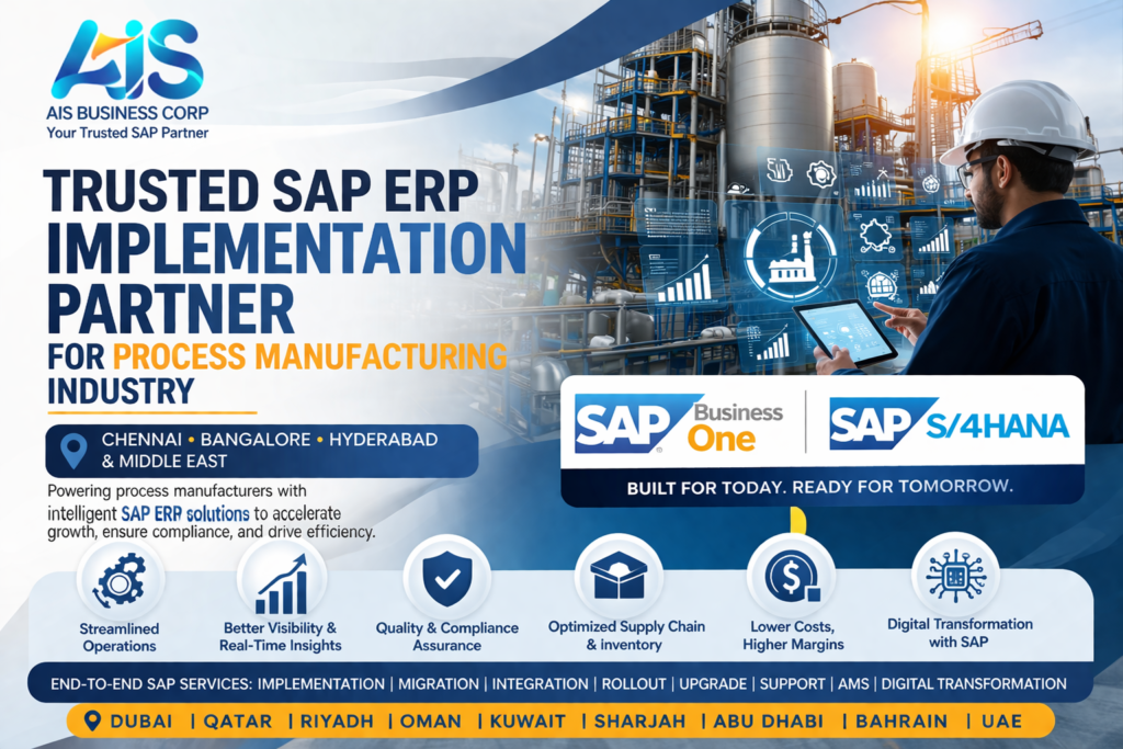 Trusted SAP ERP implementation partner for process manufacturing industry in Chennai Bangalore Hyderabad Dubai UAE – SAP Business One and SAP S/4HANA solutions by AIS Business Corp