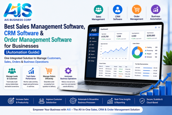 Best sales management software, CRM software and order management software for businesses by AIS Business Corp showing automation, sales tracking, customer management and business dashboard.