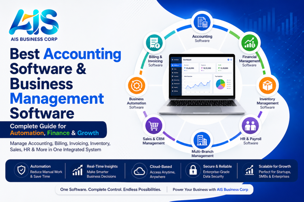 Best accounting software and business management software by AIS Business Corp showing billing, invoicing, financial management, inventory and automation system