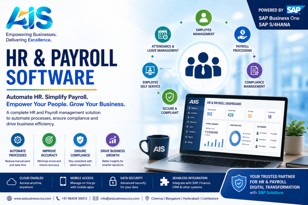 Best HR and payroll software by AIS Business Corp with employee management, payroll automation and SAP ERP integration for business efficiency