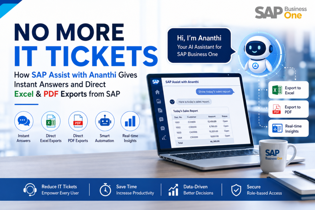 SAP Assist with Ananthi, AI chatbot for SAP Business One , SAP B1 AI assistant , SAP Business One automation , AI-powered SAP B1 reporting , SAP Business One predictive analytics , SAP Business One inventory forecasting , SAP Business One order automation , SAP B1 RPA automation ,