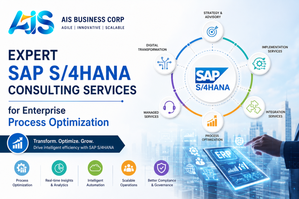 Expert SAP S/4HANA consulting services by AIS Business Corp for enterprise process optimization, ERP implementation, integration services, digital transformation, and intelligent business automation