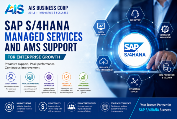 SAP S/4HANA managed services and AMS support by AIS Business Corp for enterprise ERP optimization, proactive monitoring, application management, security compliance, and business continuity