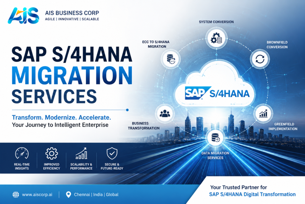 SAP S/4HANA migration services by AIS Business Corp for enterprise digital transformation, SAP ECC migration, brownfield conversion, greenfield implementation, and system conversion